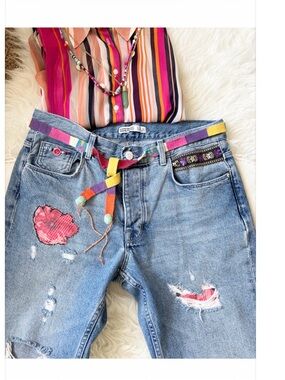 ZARA • Boho Embellished Bleached Cuff Distressed Jeans w. Bead & Floral Detail